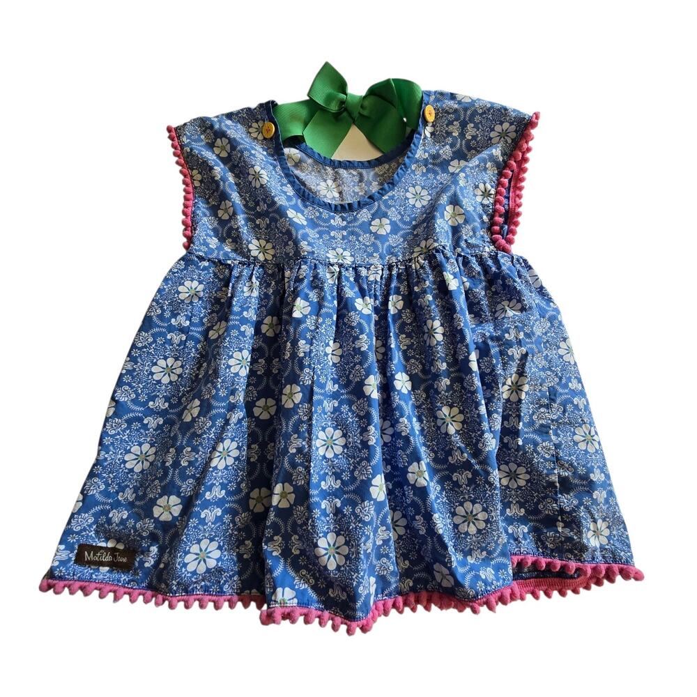 Matilda Jane Simply Symmetry Tunic Top Girls 6 Blue Print Green Ribbon Pink Trim